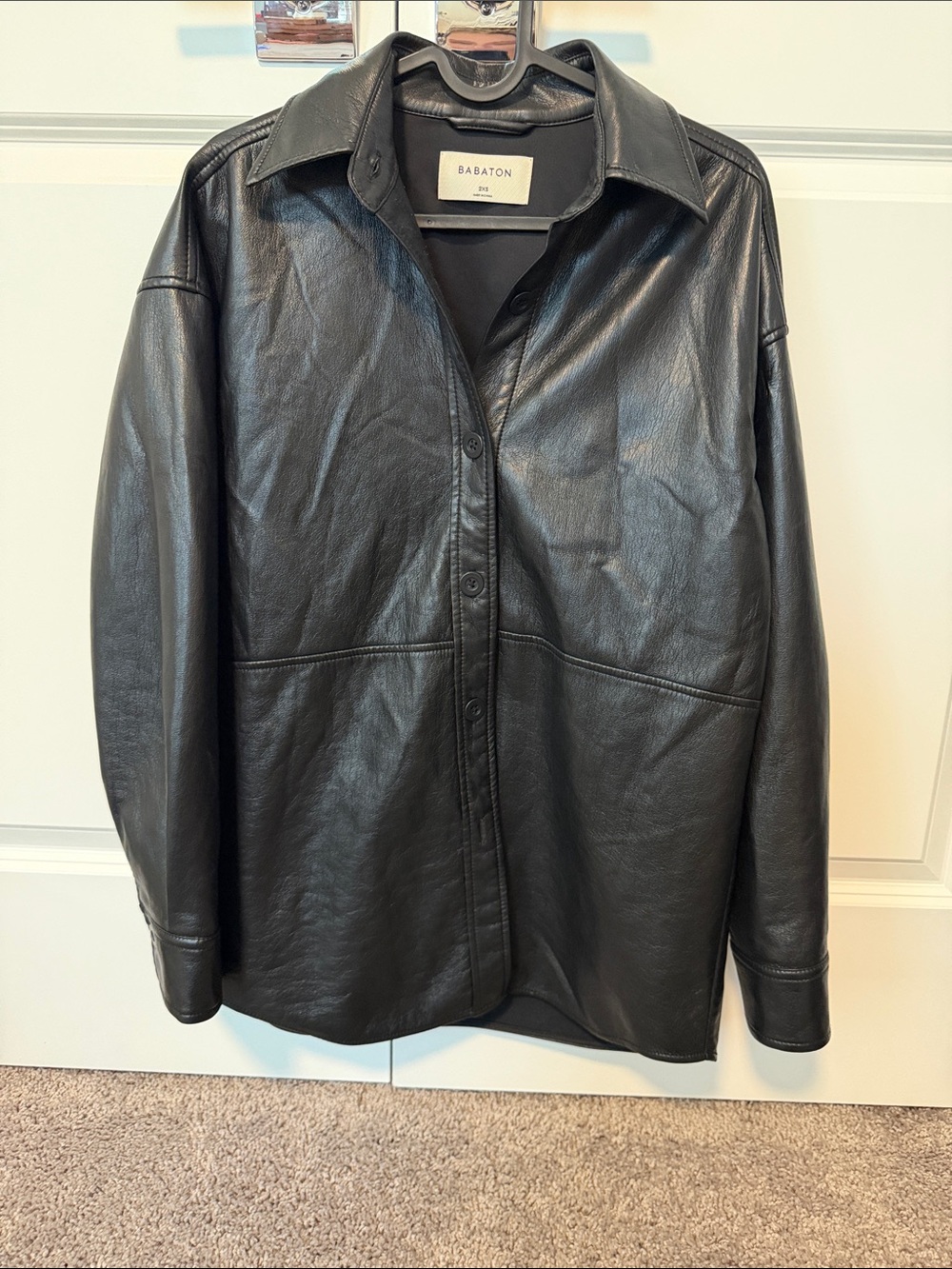 Babaton Black Vegan Leather Button-Front Shirt Jacket